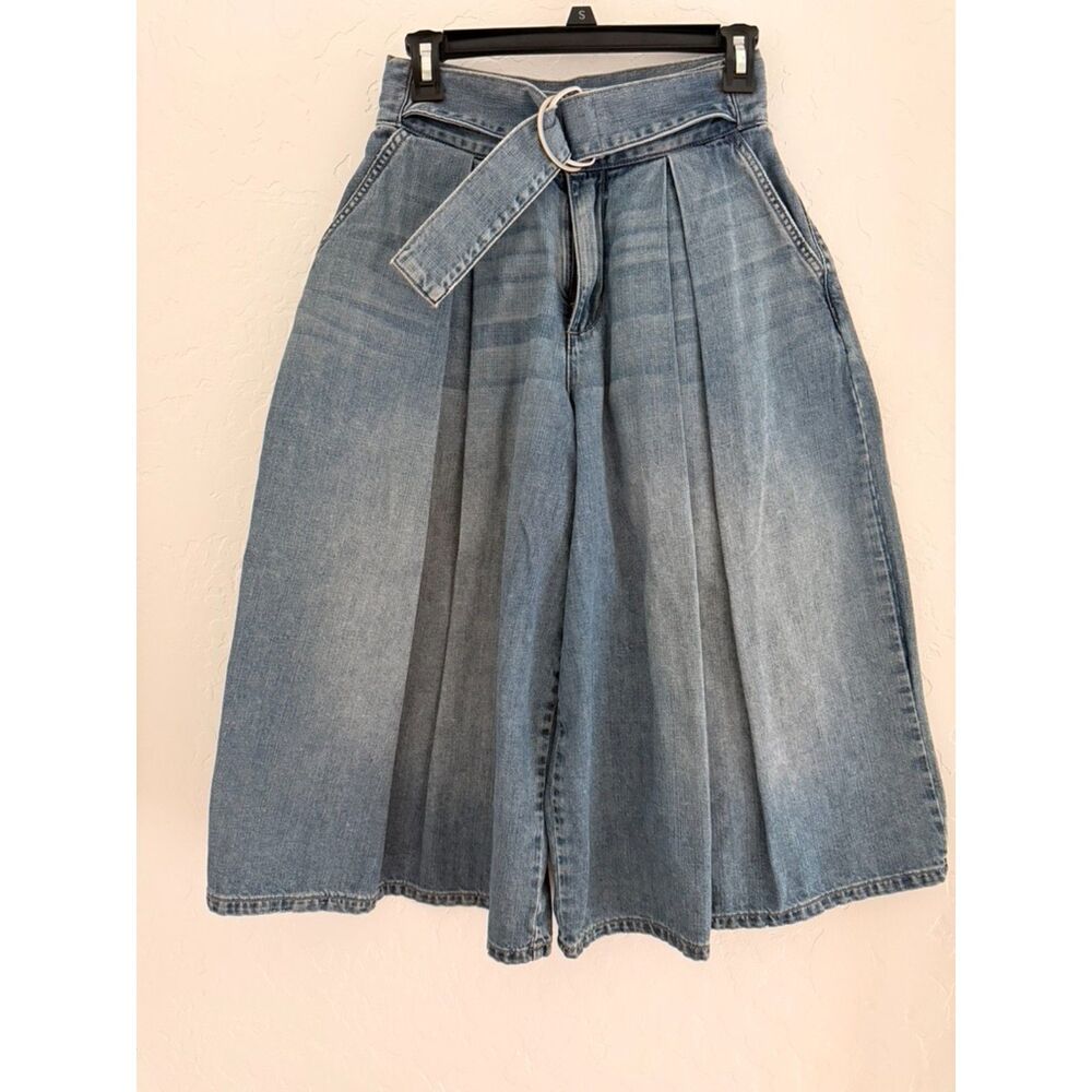 Sneak Peek Wide-Leg Belted Denim Culottes Retro gaucho-inspired silhouette.